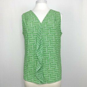 Roz & Ali Womens L Top Tank Green White Geometric Ruffle Front Sleeveless #J